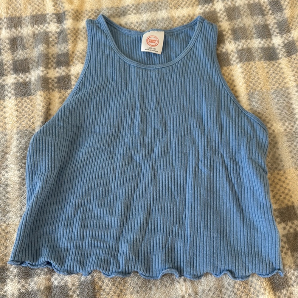 Girls large lettuce hem blue crop top